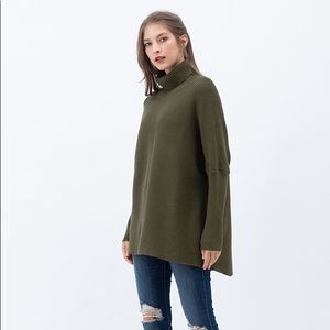 Chicwish Effortless Chic Turtleneck Batwing Sleeve Hi-Lo Sweater in Army Green
